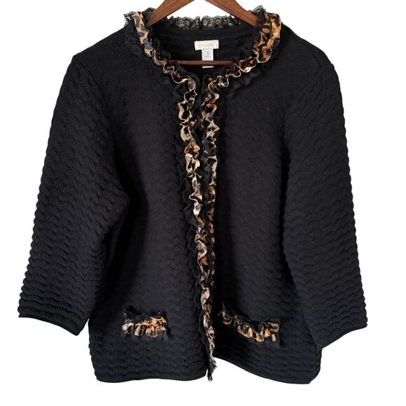 Chico's Sweaters - Chico's Womens Cardigan Sweater Size 3 XL 16 Black Leopard Ruffle Lace Trim Work